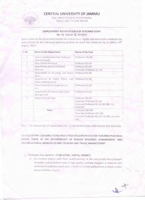 Central University of Jammu Notified Recruitment for 15 Academic posts 2015