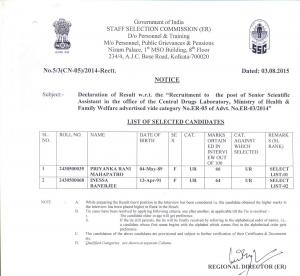 SSCER Declared Final Result for Senior Scientific Assistant Post 2015