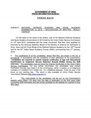 UPSC NDA & NAA Exam (I) 2015- Written Exam Result