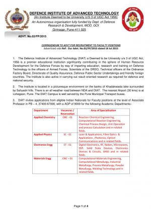 DIAT Notified Recruitment for 04 Associate Professor Posts 2015