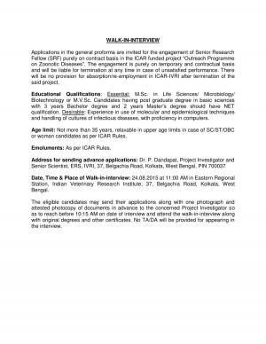 ICAR- IVRI Notified Recruitment for Senior Research Fellow Posts 2015 