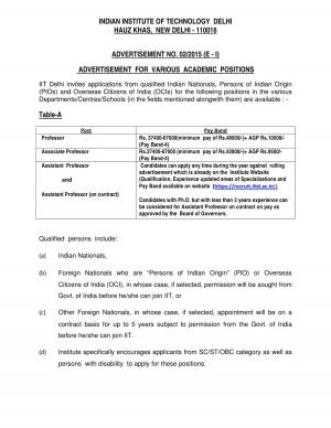 IIT Delhi Notified Recruitment for Various Academic Posts 2015