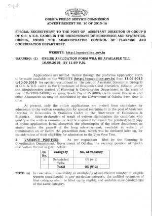 OPSC Notified Recruitment to 05 Assistant Director Posts 2015