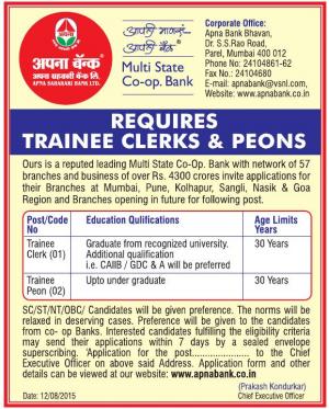 Apna Sahakari Bank Ltd Notified Recruitment to 03 Various Posts 2015