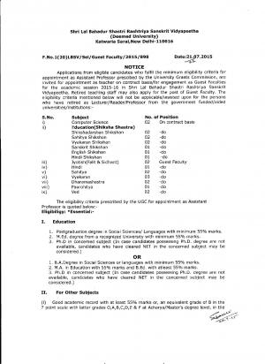 SLBSRSV, New Delhi Notified Recruitment for 24 Guest Faculty Posts 2015
