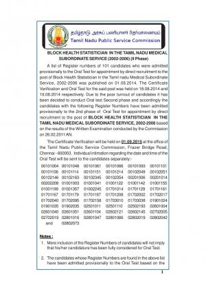 TNPSC Declared Oral Test Result for Block Health Statistician Posts 2015