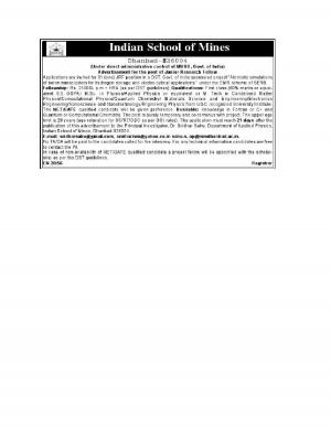 Indian School of Mines Notified Recruitment for Junior Research Fellow Post 2015 
