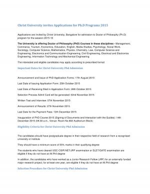 Christ University Notified Admission for Ph.D Programs 2015