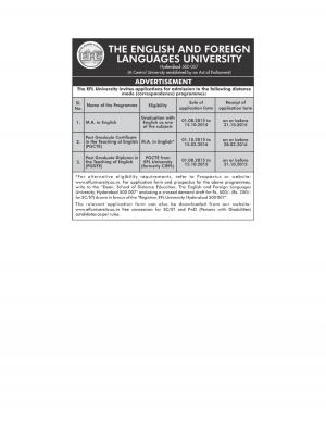 The English and Foreign Language University Notified Admission for Various PG Courses 2015-16