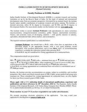 Indira Gandhi Institute of Development Research Notified Recruitment for Asst Professor Post 2015