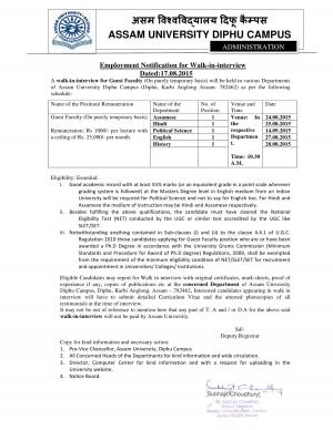 Assam University Diphu Campus Notified Recruitment for 05 Guest Faculty Posts 2015