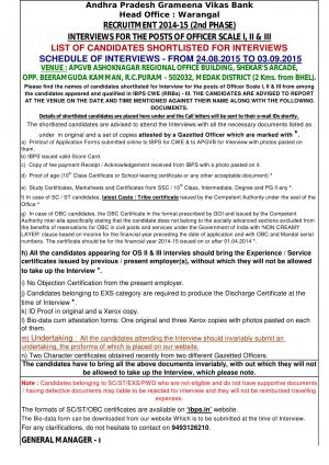 APGVB, Warangal Declared Interview Schedule for Officer Posts 2015