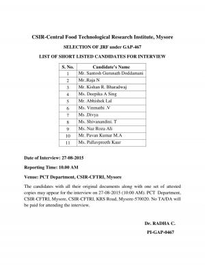 CSIR –CFTRI Issued Interview Schedule for JRF Posts 2015