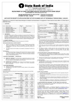 SBI Recruitment 2015 for Chief Customer Service Officers Post
