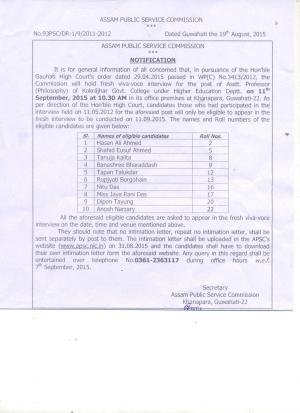 APSC Issued Interview Schedule for Assistant Professor (Philosophy) Post 2015