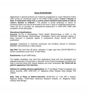 ICAR –IVRI Notified Recruitment for JRF Post 2015