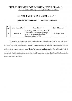 WBPSC Issued Interview Schedule for Junior English Mistress Post 2015 