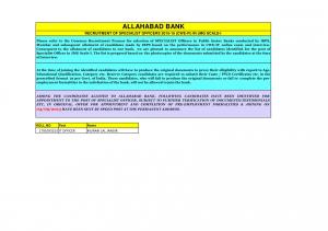 Allahabad Bank Announced Document Verification Schedule for Specialist Officer Post 2015