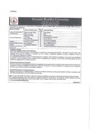 Gautam Buddha University Notified Recruitment for 10 Professor Posts 2015