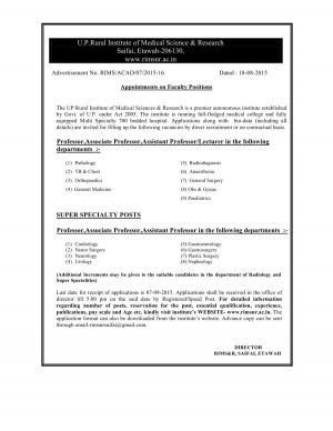 U.P.RIMSR Notified Recruitment for 36 Faculty Posts 2015