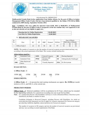 Madhyanchal Gramin Bank 2015 Recruitment for 97 Officer Scale-I Posts 