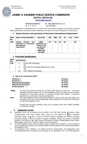 JKPSC Recruitment 2015 for 06 Deputy Director Posts 