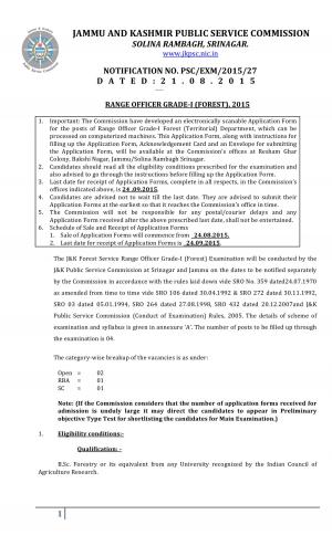 JKPSC J&K Forest Service Range Officer Grade-I (Forest) Examination: Notification
