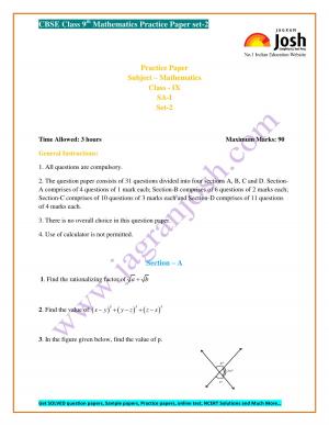 CBSE Class 9th Mathematics Practice Paper SA-I Set-2