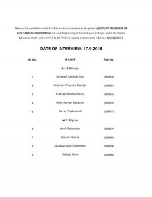 WBPSC Issued Interview Schedule for Assistant Professor (Mechanical Engineering) Posts 2015
