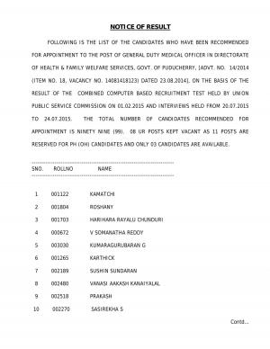 UPSC Declared Final Result for General Duty Medical Officer Post 2015