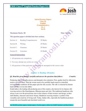 CBSE Class 9 English (Communicative) Solved Practice Paper SA–I Set–II