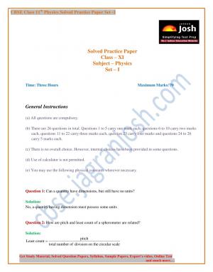 CBSE Class 11th Solved Physics Practice Paper Set-I