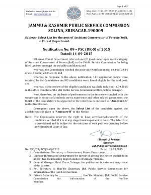 JKPSC Declared Final Result for Assistant Conservator of Forest (Soil) Post 2015
