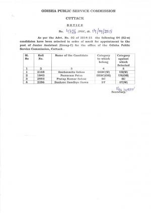 OPSC Declared Final Result for the Jr. Assistant (Group –C) Post 2015
