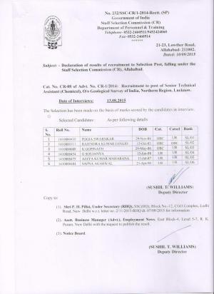 SSCCR Sr Technical Assistant Chemical 2015 Interview Result