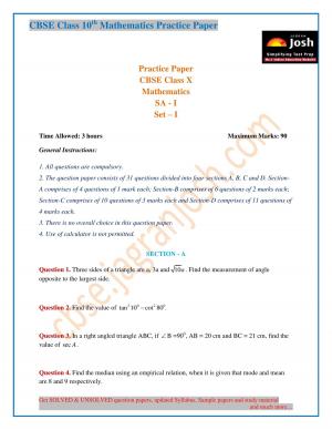CBSE Class 10 Mathematics Practice Paper SA - I Set - I