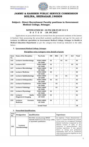 JKPSC Recruitment 2015 for 18 Faculty Posts