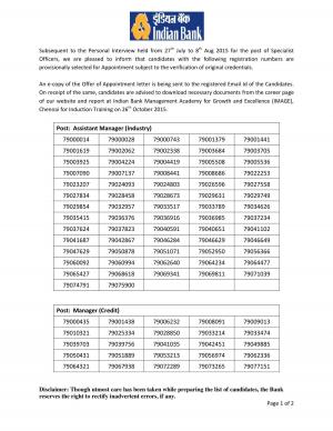 Indian Bank Declared Induction Training Schedule for Specialist Officer Post 2015