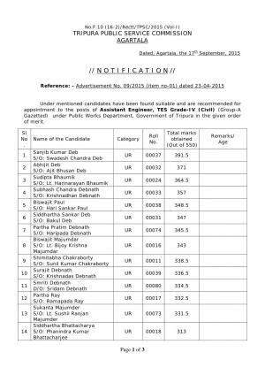 TPSC Declared Final Result for Assistant Engineer, TES Grade-IV (Civil) Post 2015