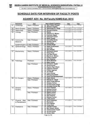 IGIMS, Patna Interview Schedule for Faculty Posts 2015
