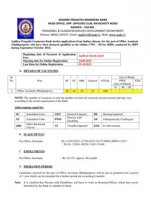 APGB Recruitment 2015 for Office Assistant (Multipurpose) Post 