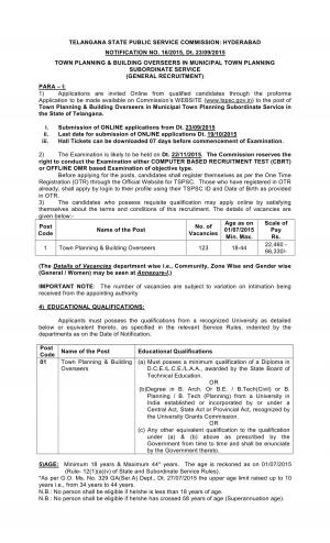 Telangana State PSC Recruitment 2015 for Town Planning and Building Overseers Posts