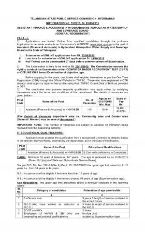 Telangana State PSC Recruitment 2015 for Assistant Finance and Accounts Post