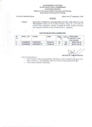 SSCER Assistant Chemist 2015: Final Result