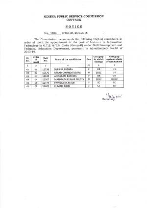 OPSC Declared Final Result for Lecturer (IT) Post 2015
