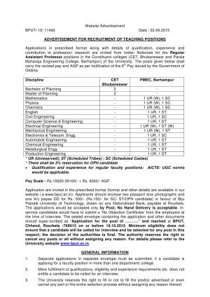 BPUT Odisha Recruitment 2015 for 30 Assistant Professor Posts