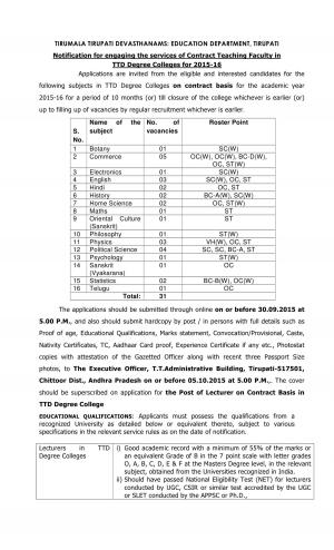 Tirumala Tirupati Devasthanams Recruitment 2015 for 31 Lecturer Posts