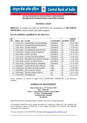 Central Bank of India Declared Written Test Result for Security Officer Post 2015