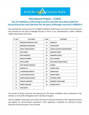 Canara Bank Declared Interview & GD Schedule for Manager Security Post 2015