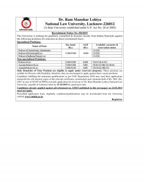 RMLNLU, Lucknow 2015 for 15 Assistant Professor of Law and  Other Posts